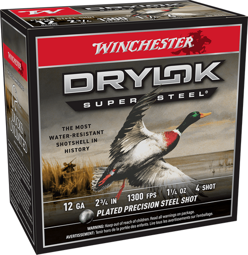 Winchester Drylok Super Steel 12ga 2-3/4 Inch 1-1/4oz #4 Shot Waterfowl Shotgun Ammunition