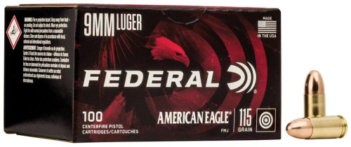 Federal American Eagle 9mm Luger 115 Grain 1180 fps Full Metal Jacket Handgun Ammunition