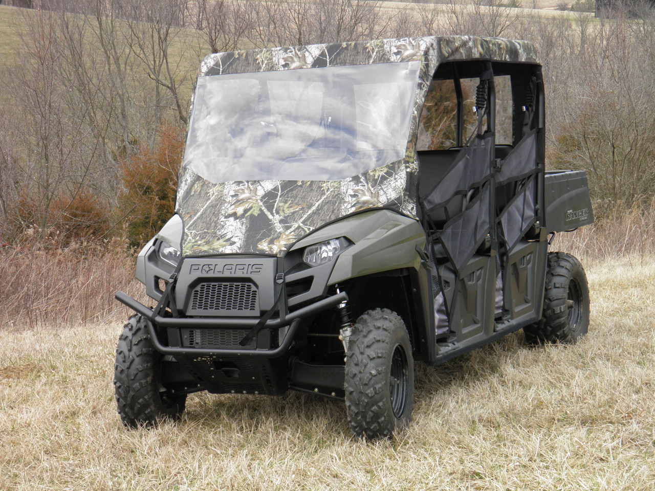 3 Star side x side Polaris Ranger Crew 570-6/800 vinyl windshield top and rear window front angle view