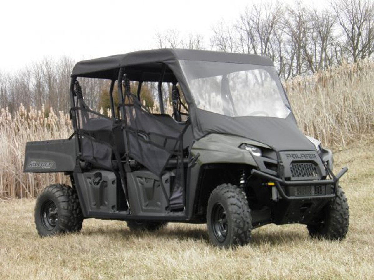 3 Star side x side Polaris Ranger Crew 570-6/800 vinyl windshield and top front and side angle view