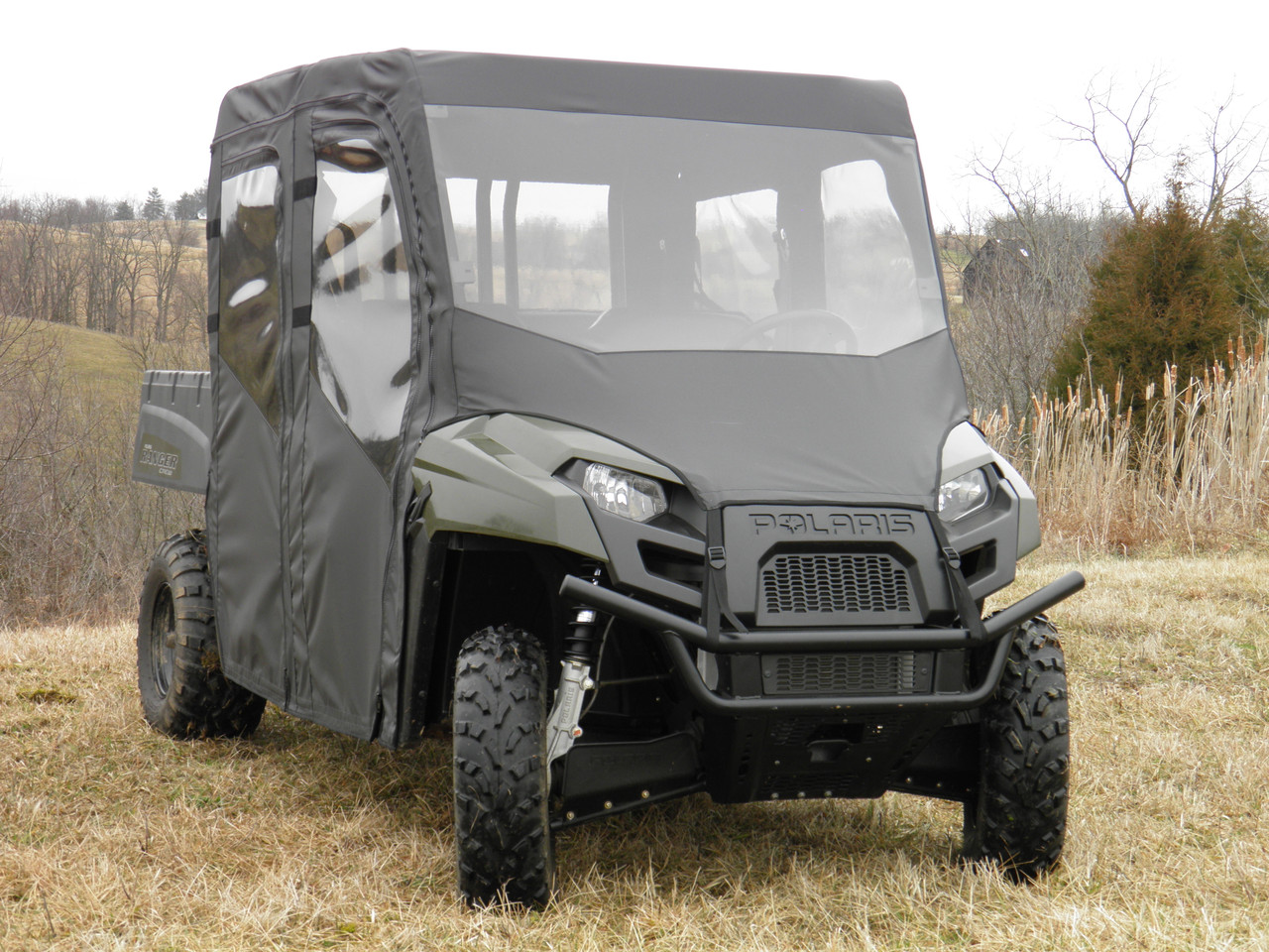 3 Star side x side Polaris Ranger Crew 570-4 full cab enclosure with vinyl windshield front angle view