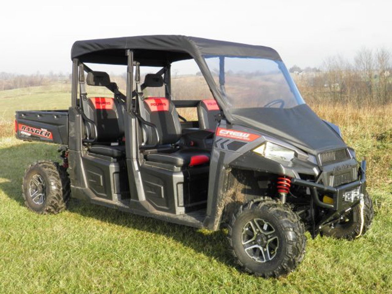 3 Star side x side Polaris Ranger Crew 900, XP900, 900-5, 900-6, 1000, XP1000, XP570-6 vinyl windshield and top front and side angle view