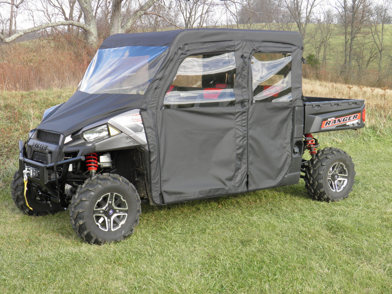 3 Star side x side Polaris Ranger Crew 1000/XP1000 full cab enclosure with vinyl windshield side angle view