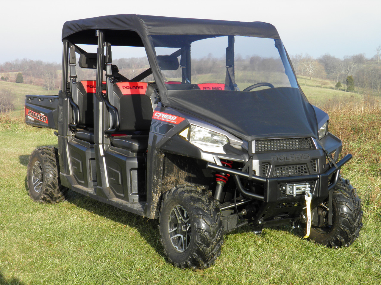 3 Star side x side Polaris Ranger Crew 1000/XP1000 vinyl windshield and top front and side angle view