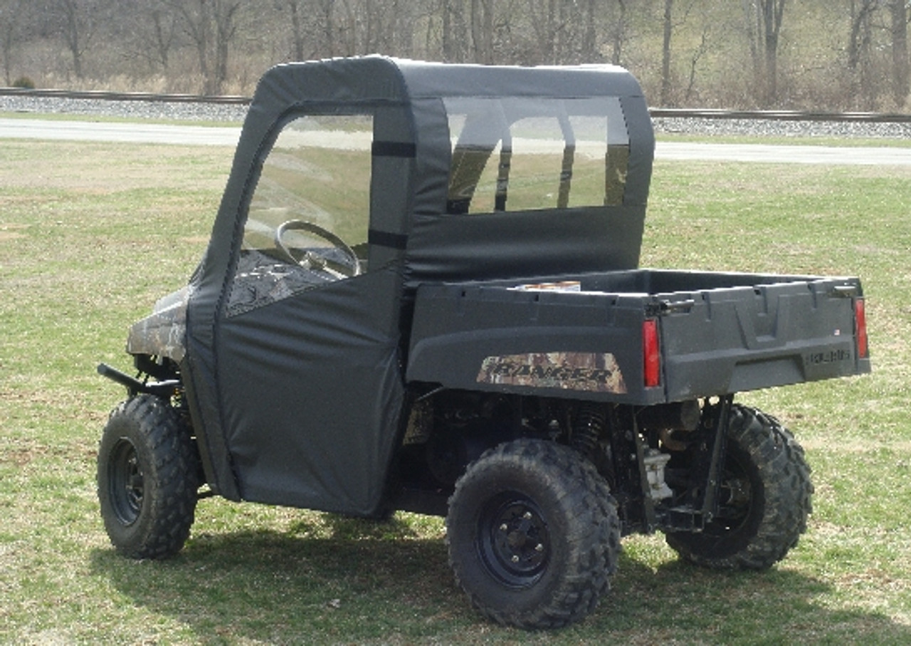 3 Star side x side Polaris Ranger Mid-Size full cab enclosure with vinyl windshield side and rear angle view