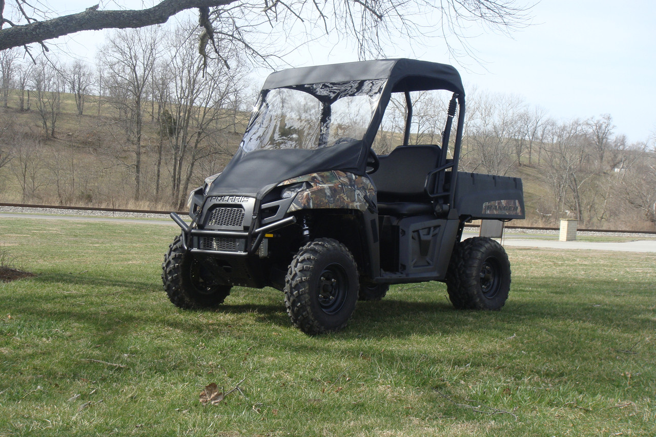 3 Star side x side Polaris Ranger Mid-Size vinyl windshield and top front and side angle view