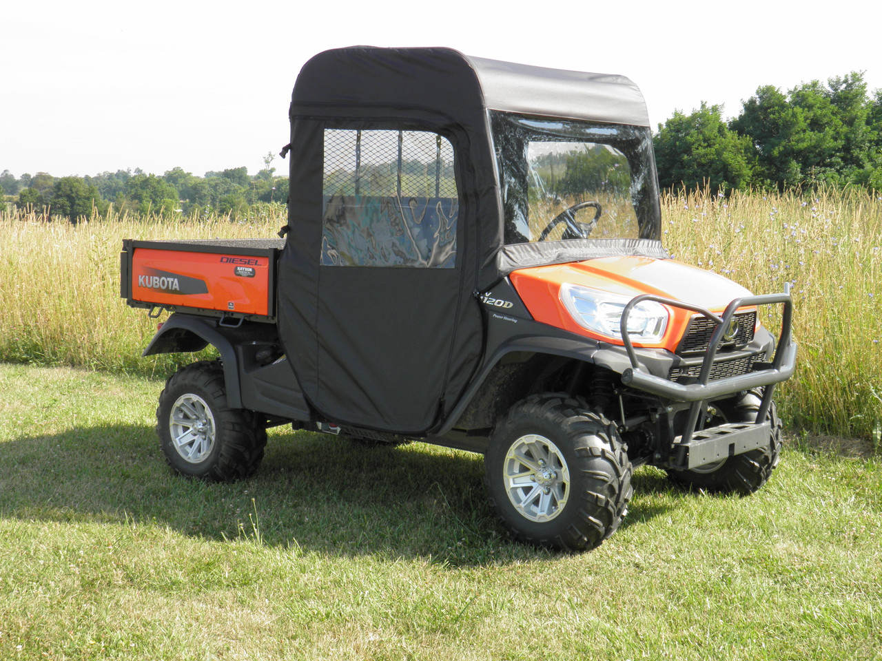3 Star side x side Kubota RTV X900/X1120 full cab enclosure with vinyl windshield front and side angle view