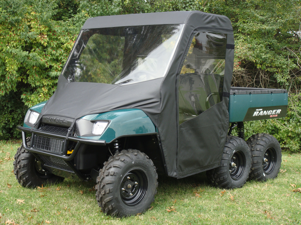 3 Star side x side Polaris Ranger 500 and 700 soft full cab enclosure with vinyl windshield front and side angle view