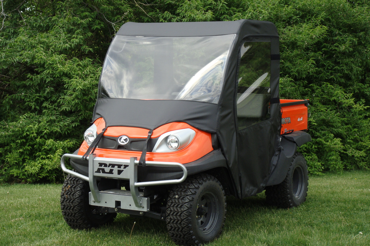 3 Star side x side Kubota RTV 400/500/520 full cab enclosure with vinyl windshield front angle view