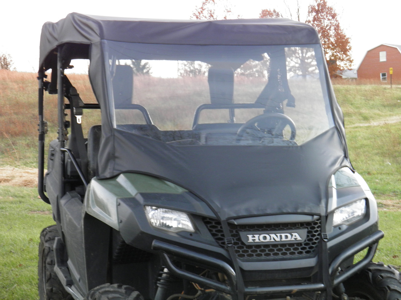 3 Star side x side Honda Pioneer 700-4 vinyl windshield and roof front view close up