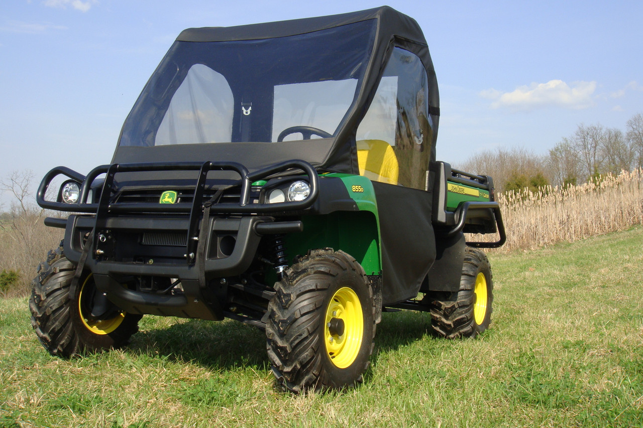 3 Star side x side John Deere HPX/XUV full cab enclosure with vinyl windshield front and side angle view