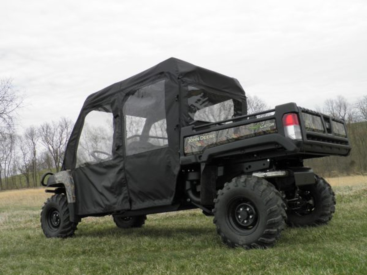 3 Star side x side John Deere Gator UXV 550/560/590 S4 full cab enclosure with vinyl windshield side and rear angle view