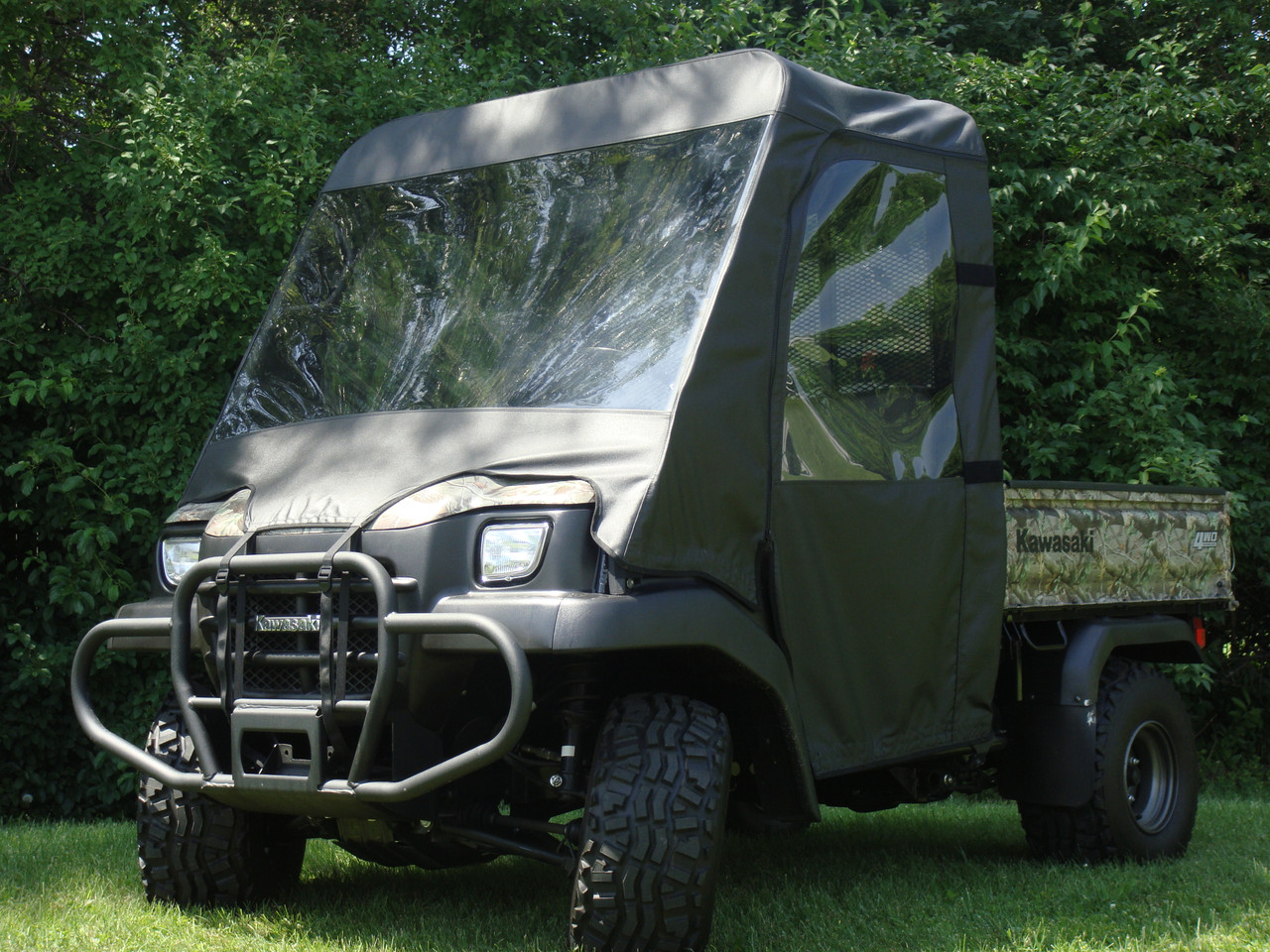 3 Star side x side Kawasaki Mule 3000/3010 cab enclosure with vinyl windshield front angle view