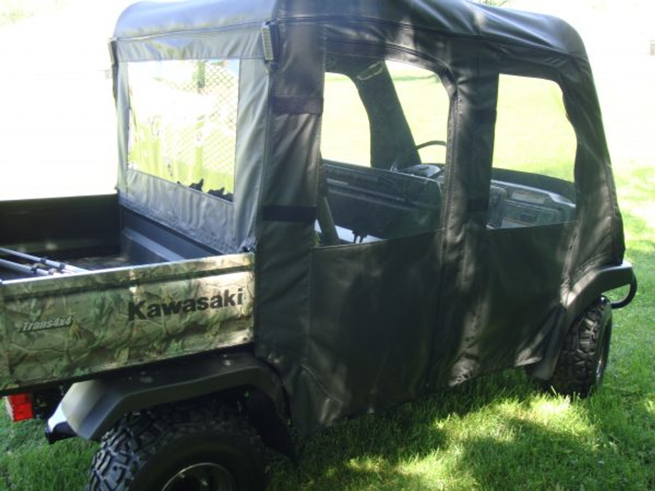3 Star side x side Kawasaki Mule 3000/3010 Trans full cab enclosure with vinyl windshield rear and side angle view