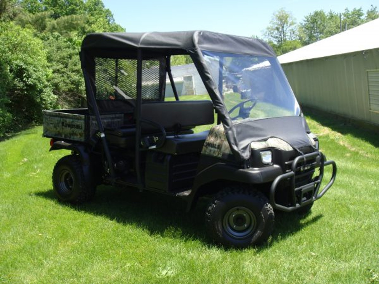 3 Star side x side Kawasaki Mule 3000/3010 Trans vinyl windshield and top front and side angle view