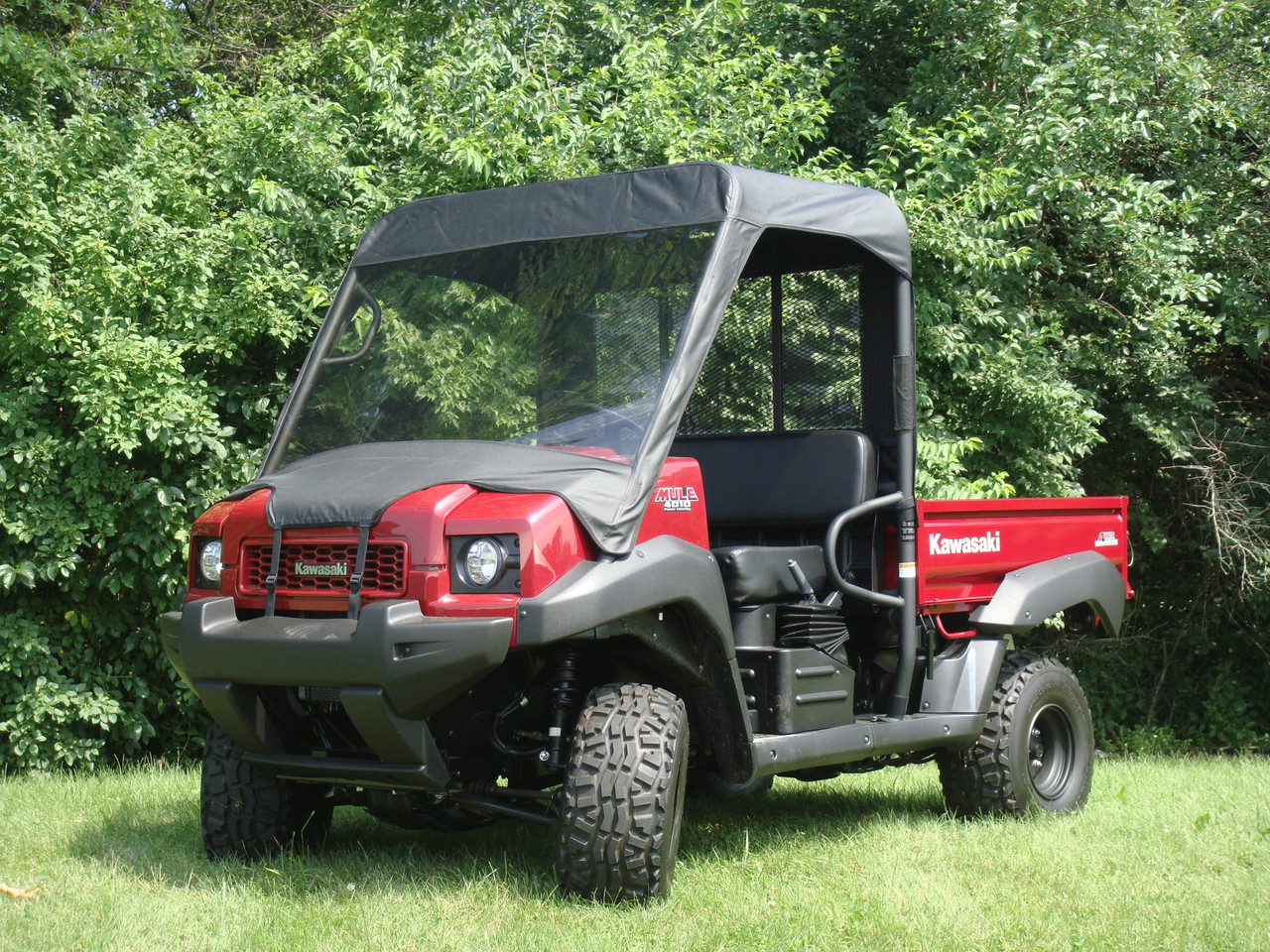 3 Star side x side Kawasaki Mule 4000/4010 vinyl windshield top and rear window front and side angle view