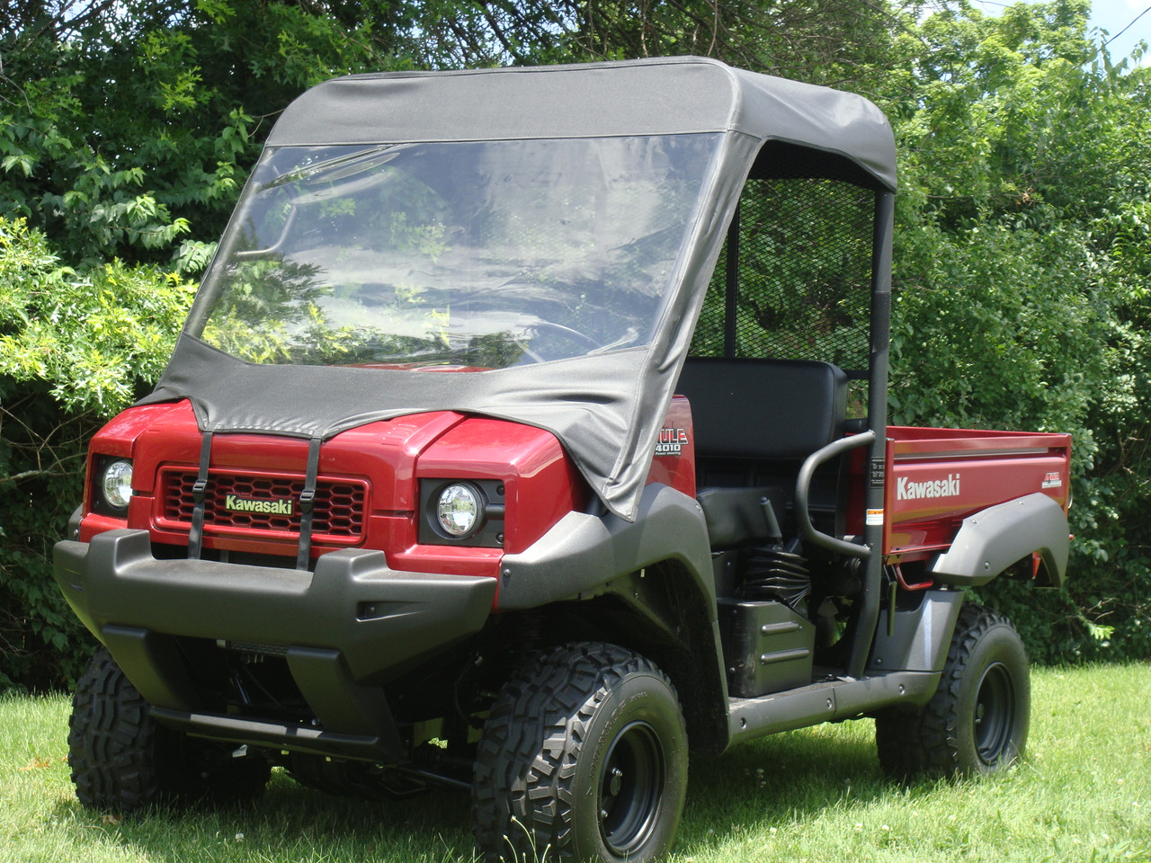 3 Star side x side Kawasaki Mule 4000/4010 vinyl windshield and top front angle view