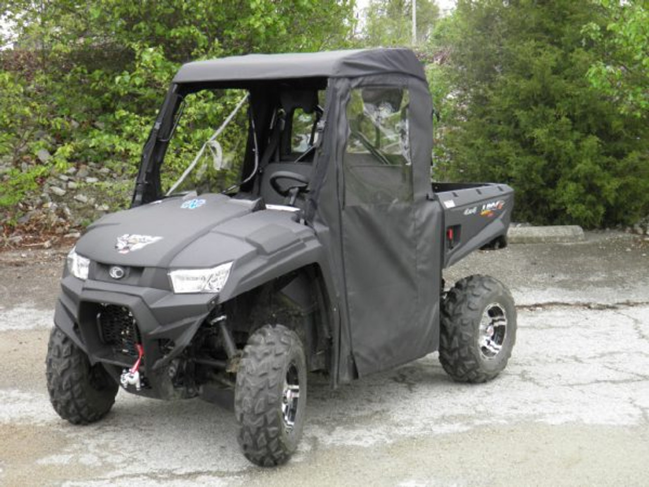 Kymco UXV 450i Full Cab Enclosure for Hard Windshield front and side angle view