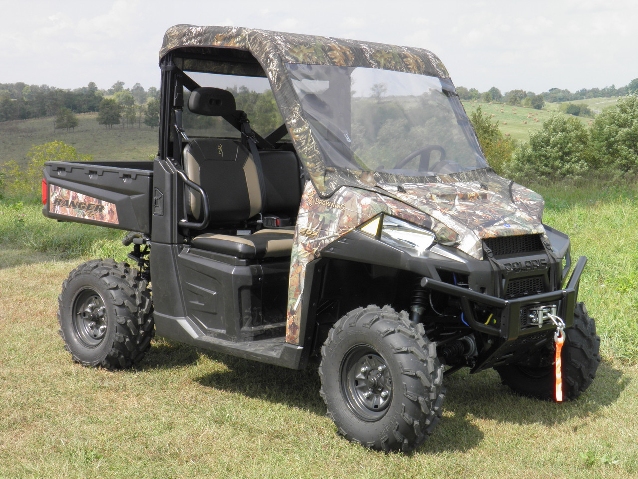 3 Star side x side Polaris Ranger XP570 XP900 XP1000 1000 vinyl windshield, roof and rear window front and side angle view