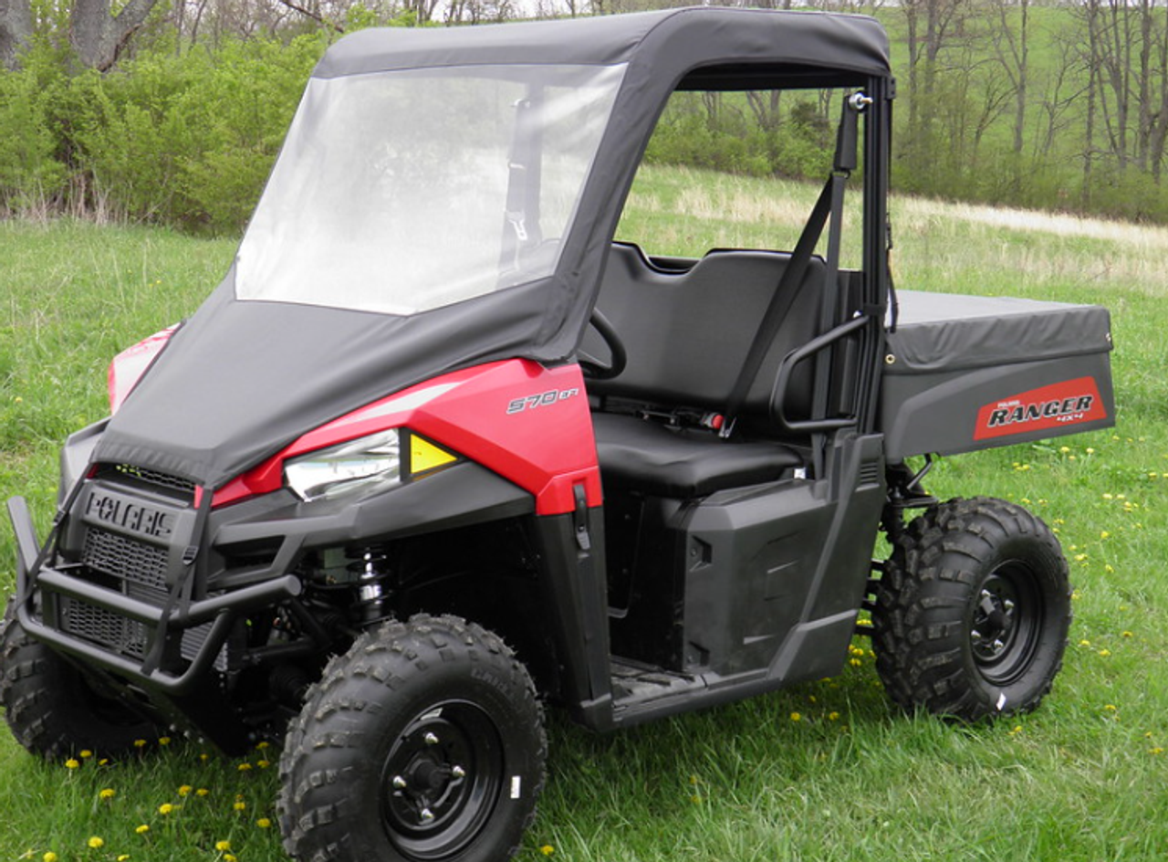 3 Star side x side Polaris Ranger 570 Mid-Size vinyl windshield and top front and side angle view