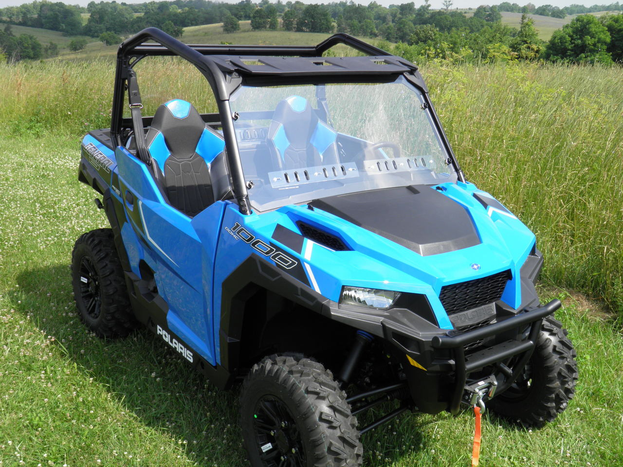 Polaris General one piece windshield with optional vents front and side angle view