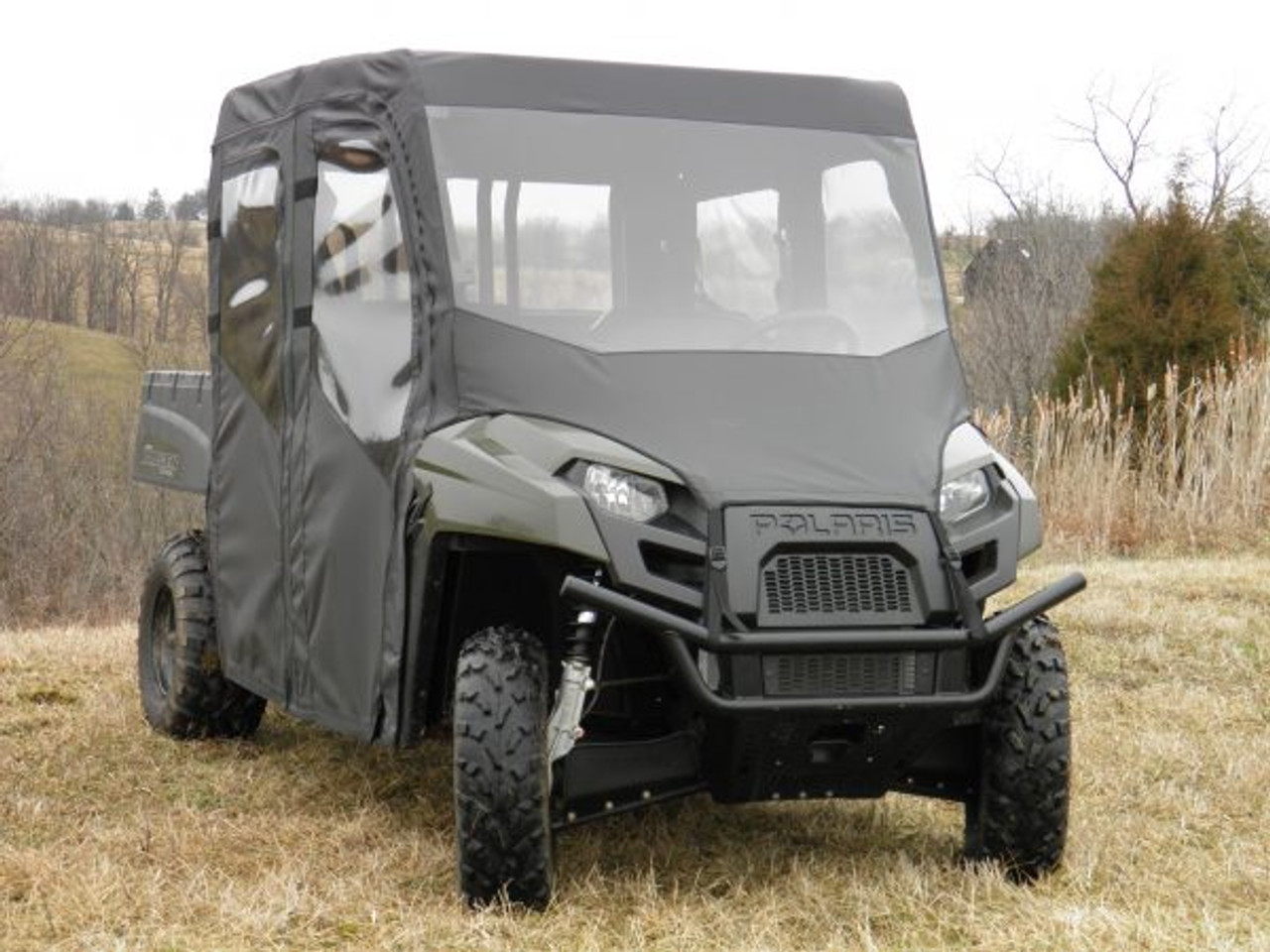 3 Star side x side Polaris Ranger Mid-Size Crew 500/570 full cab enclosure with vinyl windshield front angle view