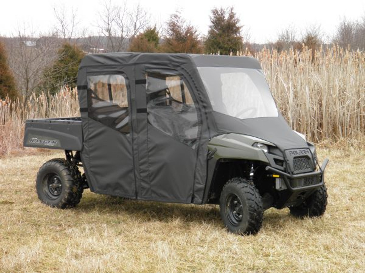 3 Star side x side Polaris Ranger Mid-Size Crew 500/570 full cab enclosure with vinyl windshield side angle view