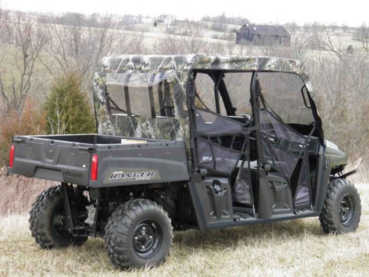 3 Star side x side Polaris Ranger Mid-Size Crew 500/570 vinyl windshield top and rear window rear and side angle view