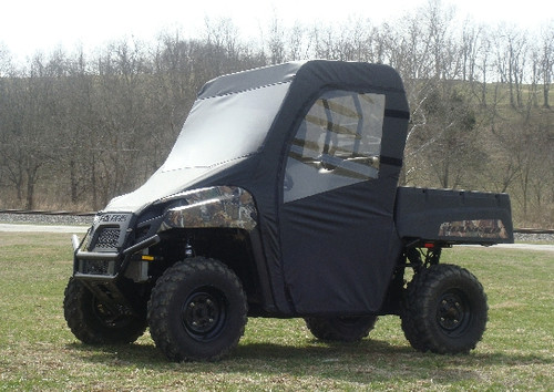 3 Star side x side Polaris Ranger Mid-Size full cab enclosure with vinyl windshield side and front angle view