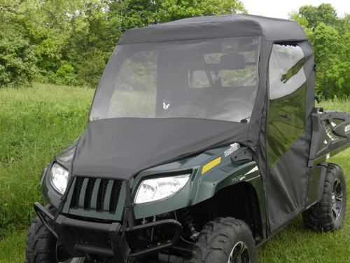 Cab enclosure with vinyl windshield front corner view