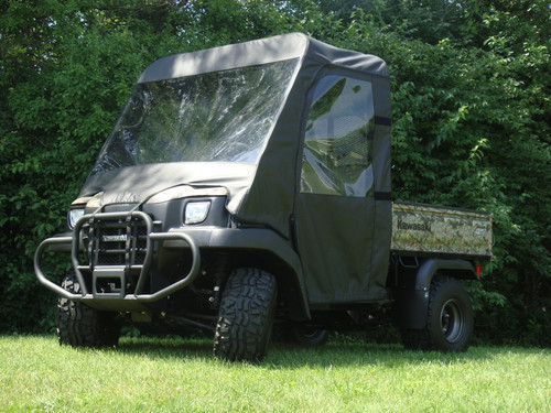 3 Star side x side Kawasaki Mule 3000/3010 cab enclosure with vinyl windshield front and side angle view