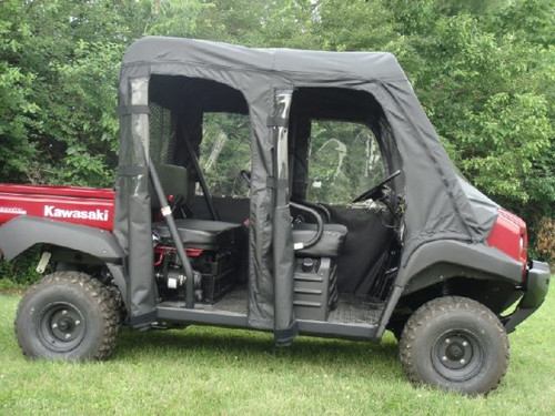 3 Star side x side Kawasaki Mule 4000/4010 trans full cab enclosure with vinyl windshield side view with open doors
