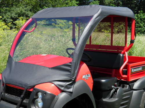 3 Star side x side Kawasaki Mule 600/610 vinyl windshield and top front and side angle view close up