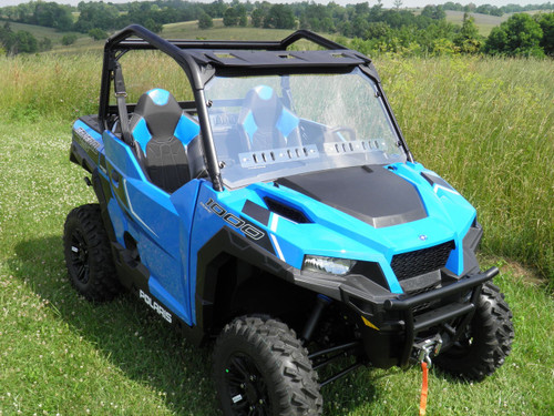 Polaris General one piece windshield with optional vents and scratch-resistant coating front and side angle view