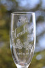 Mr and Mrs Cherry Blossom Wedding Flutes with a spray of Cherry Blossoms sweeping up under the angled last name.  This design allows for beautiful display of longer last names.