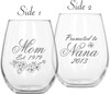 Cherry Blossom Engraved Mom promoted to Nana Stemless Wine Glass - Double Side Engraved, Personalized with title, font and years