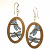 Teal Blue Dragonfly Wood Inlay Earrings set in a solid mahogany base with 14K gold filled wires