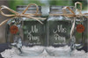 Mr and Mrs Mason Jars with choice of wood charms in an Elegant Script Font