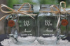 Mr and Mrs Mason Jars with choice of wood charms in a Contemporary Italicized Script