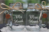 Mr and Mrs Mason Jars with choice of wood charms in a Classic Script Font