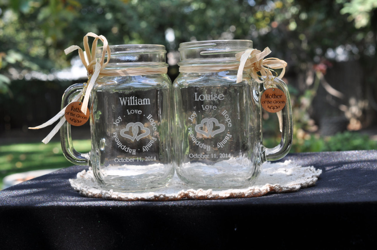 Engraved Mason Jar with Wooden Hearts