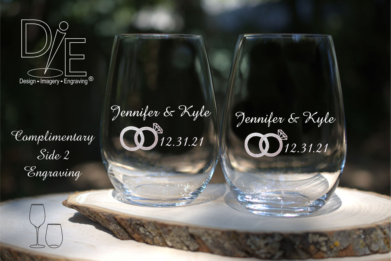 Wedding Ring Wine Glasses - Set of 2 - Personalized - Design Imagery  Engraving