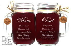 Father and Mother of the Bride Mason Jars with Handcrafted Wooden Charms by Design Imagery Engraving
