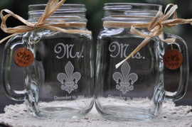 Fleur de Lis French Wedding Mason Jars | Personalized | Wooden Charms