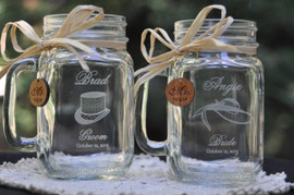 Bride and Groom Mason Jar Set | Top Hat and Bonnett Art | Wood Charms