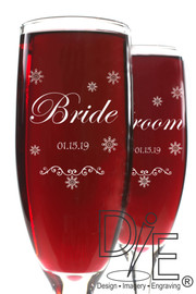 Bride Groom Snowflake Champagne Flutes by Design Imagery Engraving