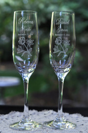 Crystal Champage Flutes for the Bride and Groom with Rose and Lily Art by Design Imagery Engraving