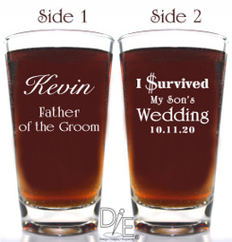 I survived my son's wedding beer glass by Design Imagery Engraving