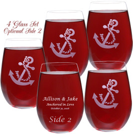 Set of 4 Anchor Wine Glasses with Optional Reverse Side Engraving