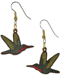 Tiny Hummingbird Wood Inlay Earrings Set into a Solid Mahogany Base, Hand Sanded and Finished with Clearcoat